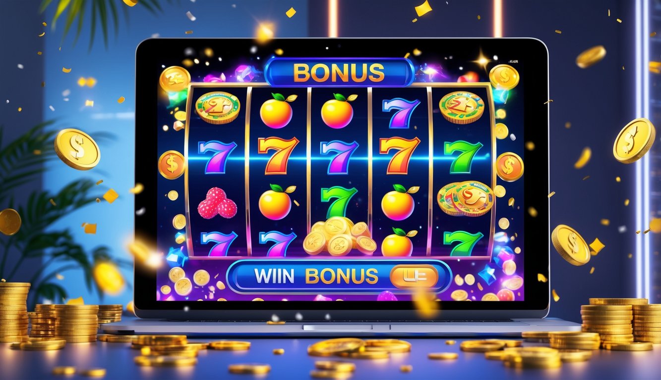 Tampilan layar perangkat dengan permainan slot online 3D yang menunjukkan gulungan berwarna-warni dan koin emas di latar belakang yang cerah.