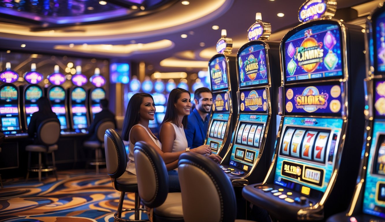 Interior kasino modern dengan mesin slot 3D berwarna-warni dan beberapa pemain yang sedang bermain dengan ekspresi senang.