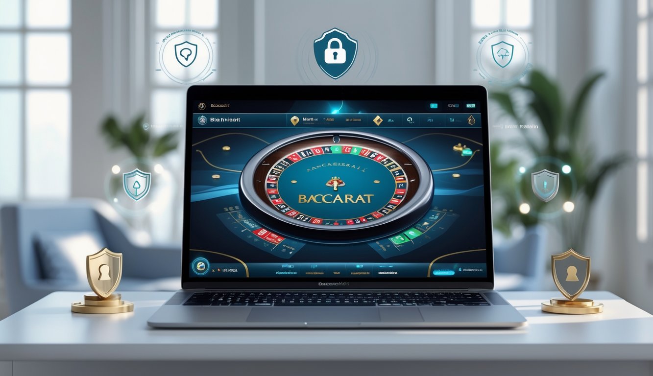 Seorang pemain menggunakan komputer dengan tampilan permainan baccarat online di layar dalam ruangan yang rapi dan terang.