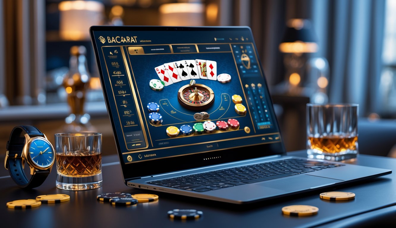 Sebuah laptop modern menampilkan permainan baccarat online dengan kartu dan chip, dikelilingi oleh gelas minuman dan jam tangan di atas meja.