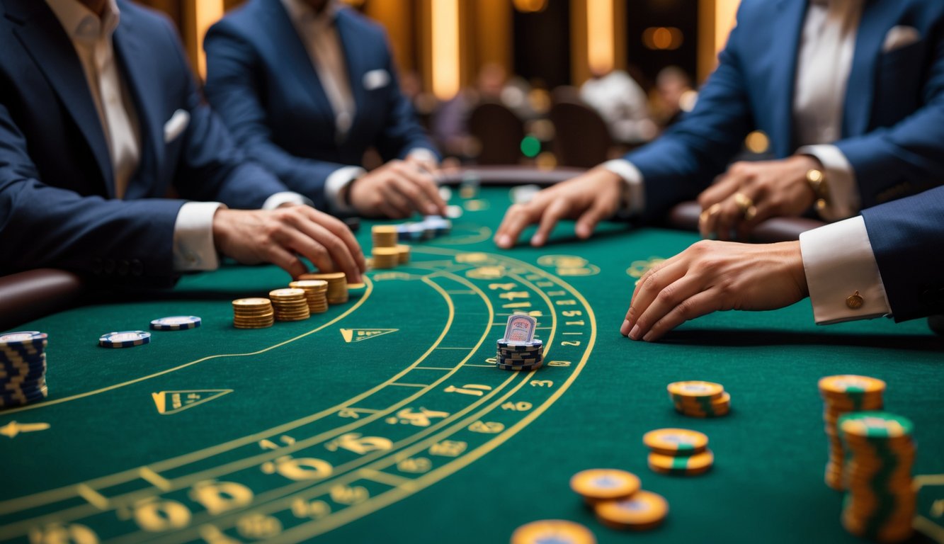 Meja baccarat mewah di kasino dengan kartu dan chip, serta tangan pemain yang sedang bertaruh.