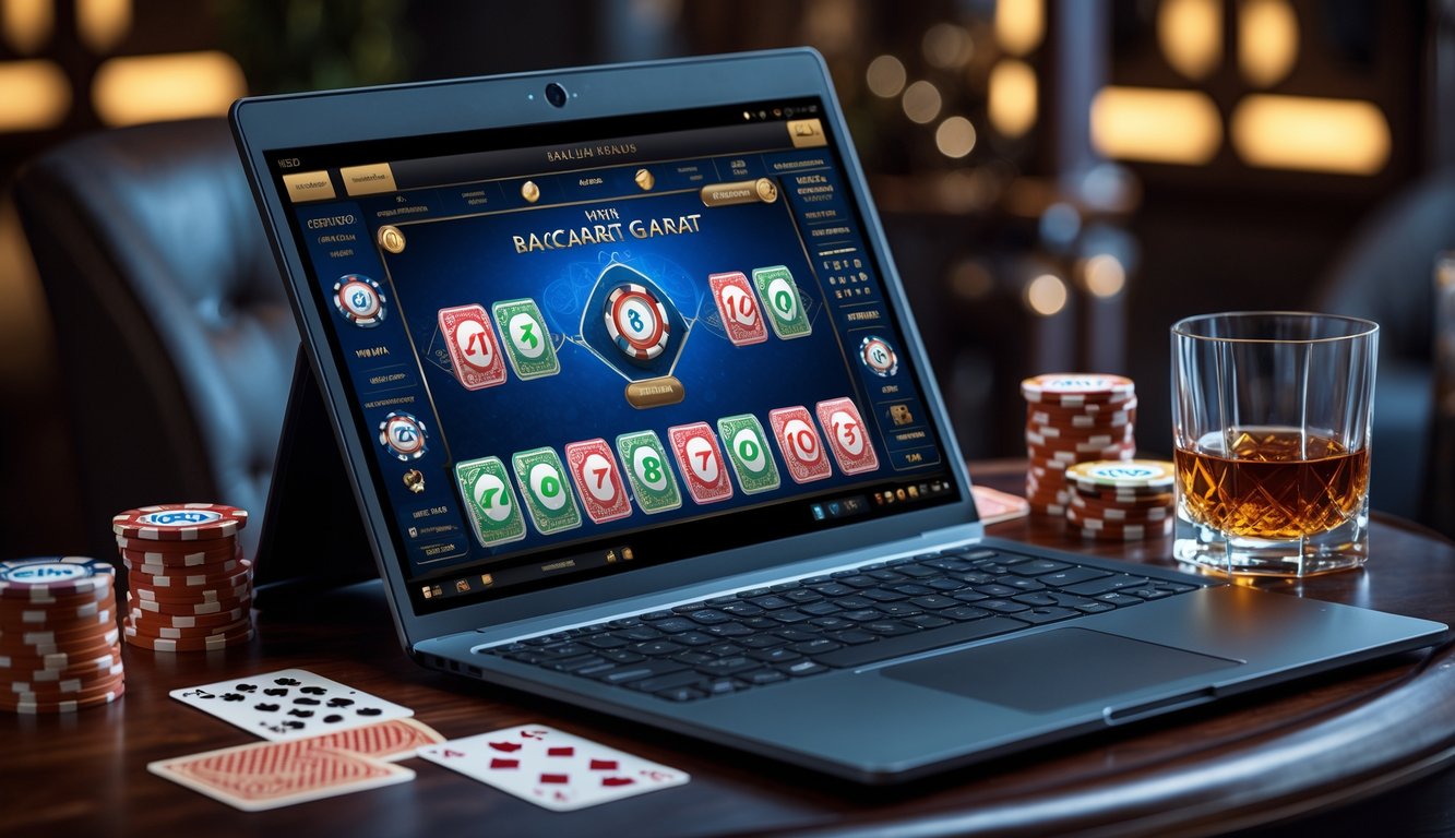 Sebuah meja kayu dengan laptop yang menampilkan permainan baccarat langsung, dikelilingi oleh chip baccarat, kartu remi, dan gelas minuman di lingkungan yang mewah.