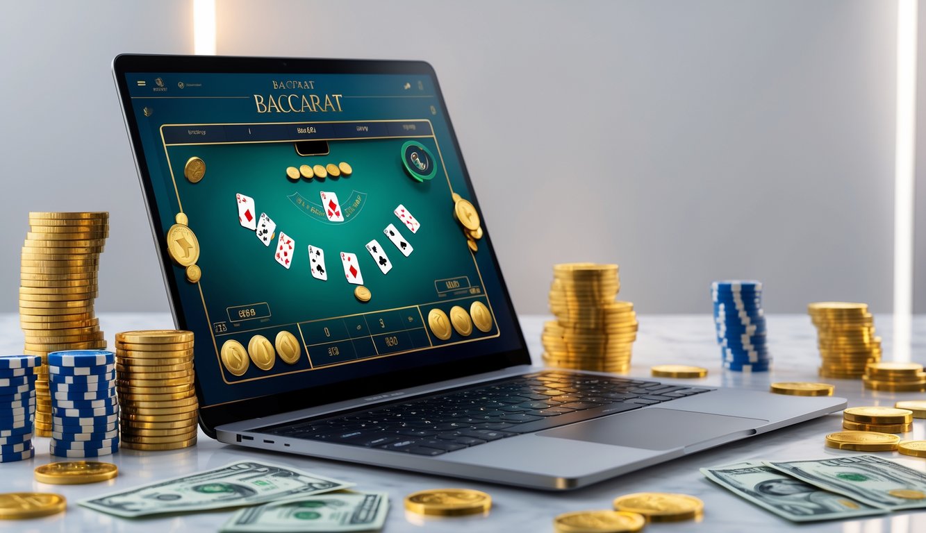 Seorang pemain sedang menggunakan komputer dengan tampilan permainan baccarat online dan tumpukan chip serta koin di sekitarnya.