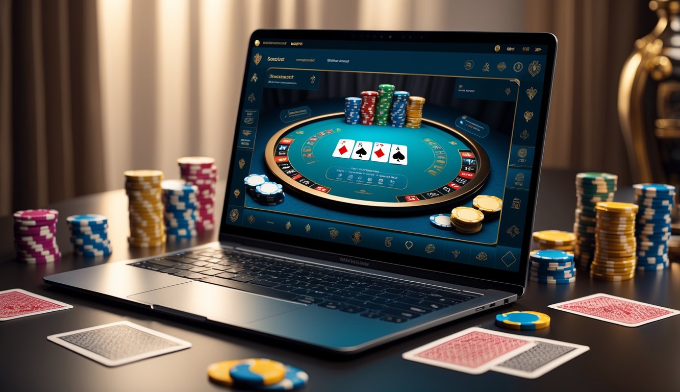 Sebuah komputer menampilkan permainan baccarat online dengan kartu dan chip kasino di sekitarnya.