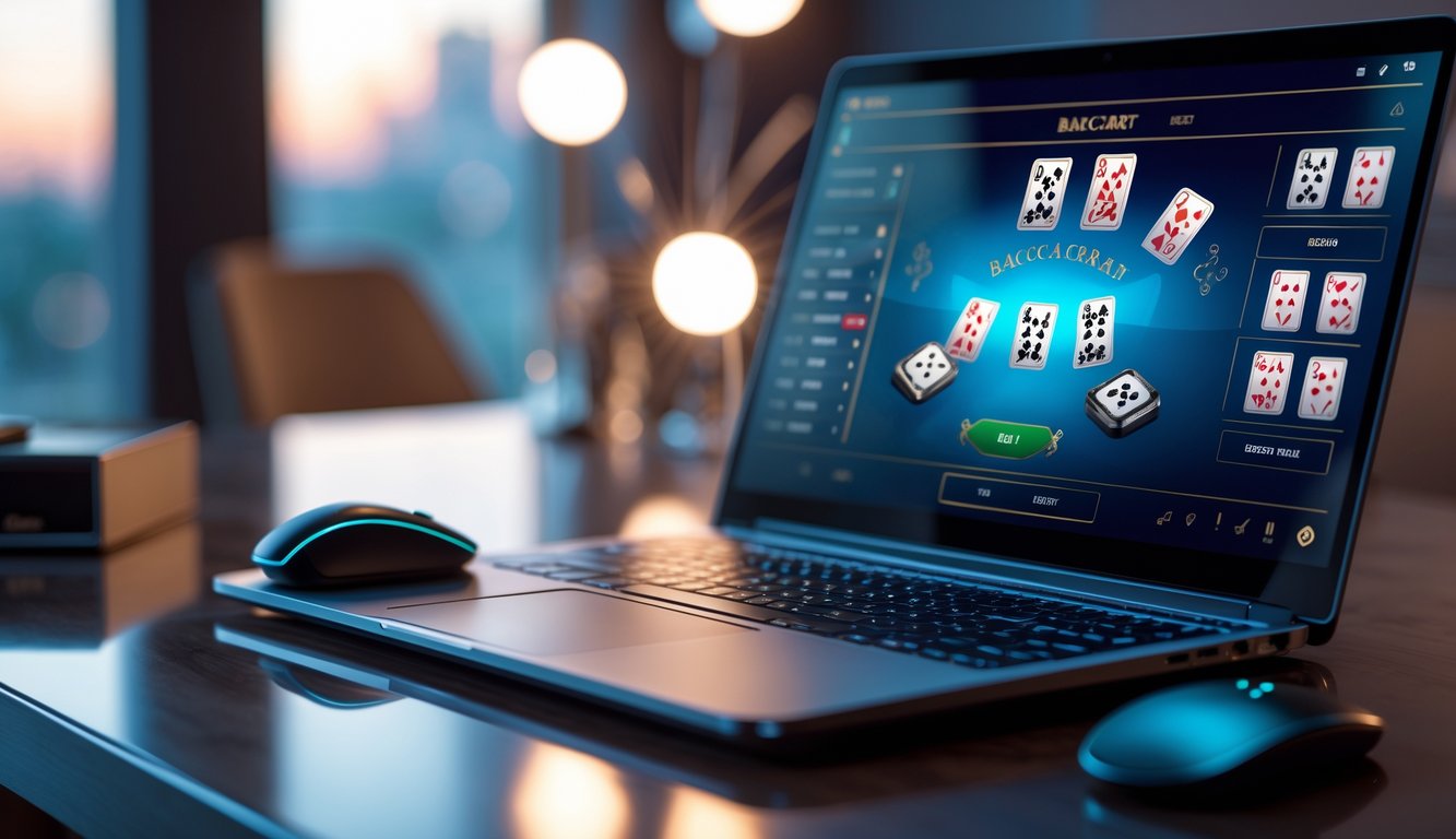 Sebuah laptop modern menampilkan permainan baccarat online di atas meja yang rapi dengan pencahayaan lembut di latar belakang.