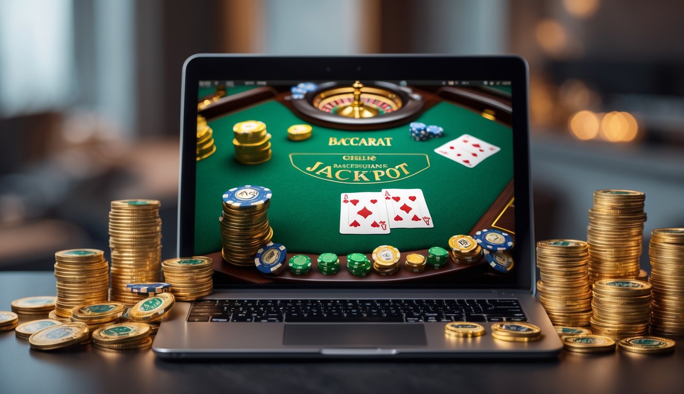 Meja baccarat digital dengan laptop, kartu remi, tumpukan koin emas, dan chip kasino yang menunjukkan kemenangan jackpot besar.
