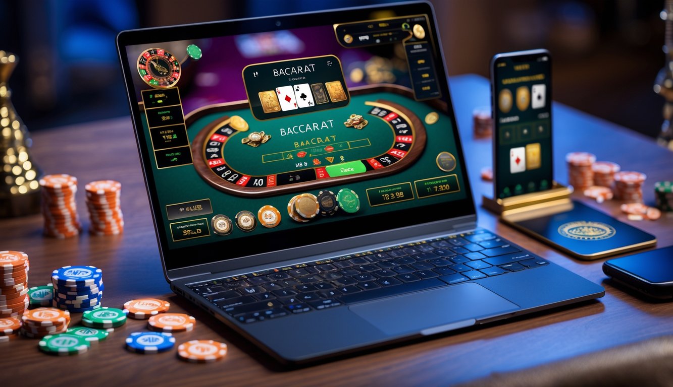Sebuah laptop modern menampilkan permainan baccarat online dengan kartu dan chip kasino di sekitarnya.