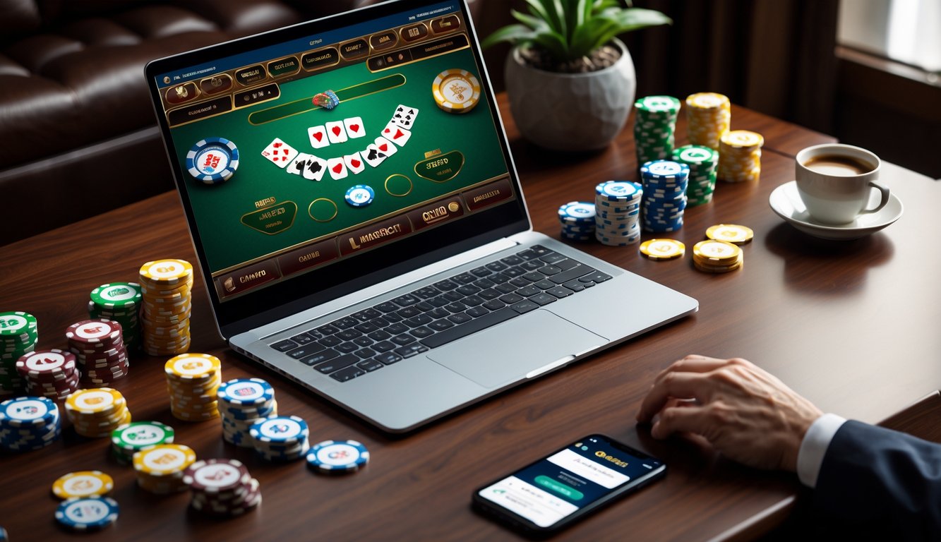 Sebuah laptop dengan permainan baccarat online di layar, dikelilingi chip kasino dan ponsel dengan notifikasi bonus di atas meja kayu.