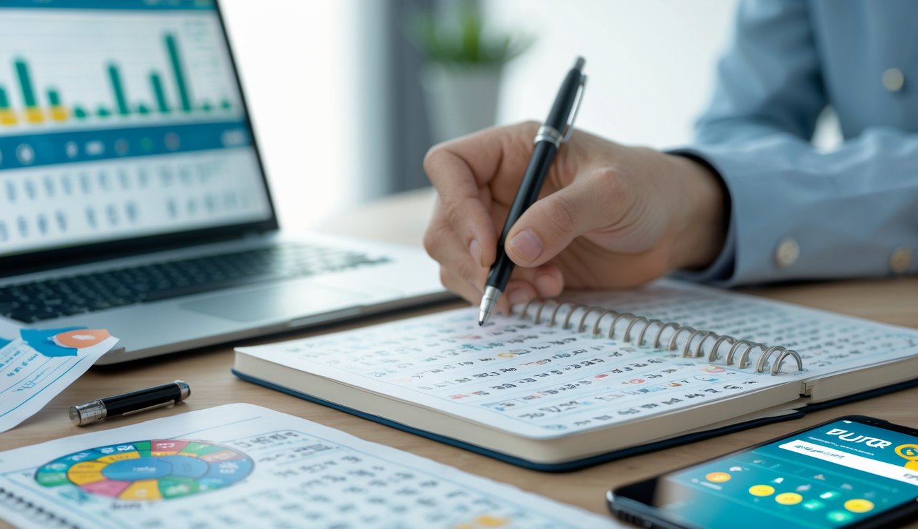 Meja kerja dengan laptop, buku catatan berisi angka, dan ponsel yang menampilkan tiket lotre digital.