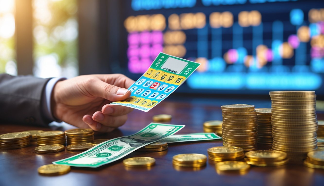 Tangan memegang tiket lotre berwarna dengan tumpukan uang dan koin emas di atas meja kayu, latar belakang menampilkan layar digital dengan angka dan grafik.