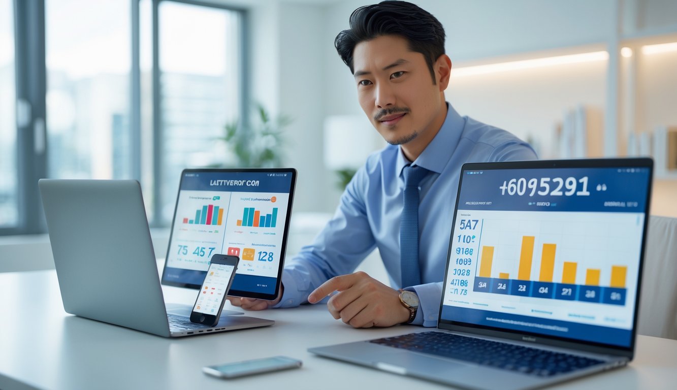 Seorang pria Asia duduk di meja kantor modern sambil melihat perangkat digital dengan data angka dan grafik.