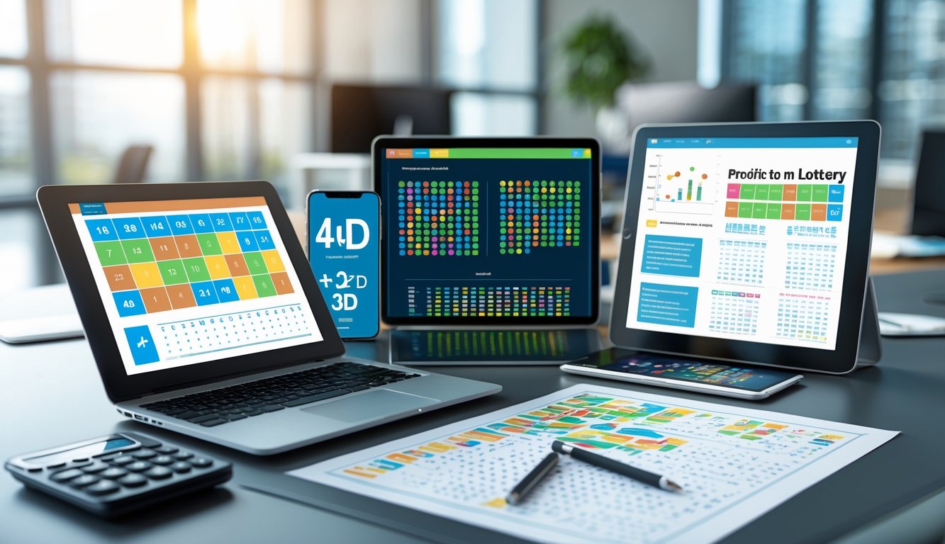 Meja kerja dengan perangkat digital dan kertas berisi angka serta grafik terkait prediksi togel 4D, 3D, dan 2D.