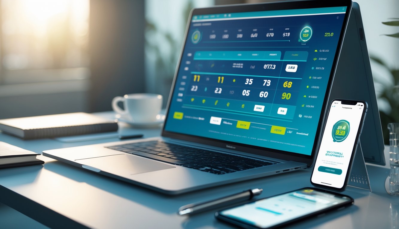 Sebuah meja kerja modern dengan laptop dan ponsel yang menampilkan antarmuka aplikasi lotere online, dilengkapi dengan alat tulis dan cangkir kopi.