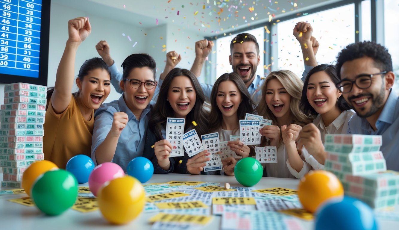 Sekelompok orang merayakan kemenangan lotere dengan tiket dan bola bernomor di sekitar mereka.