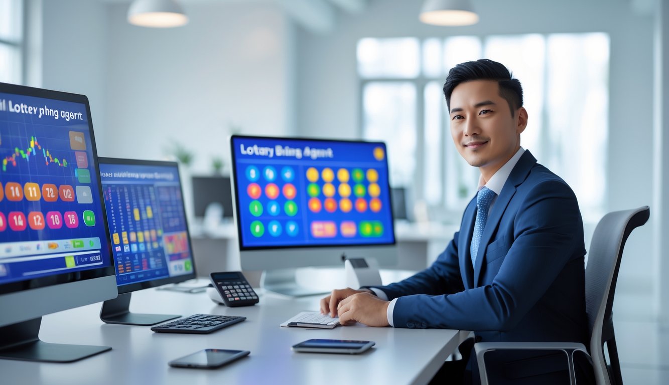 Seorang profesional duduk di meja kantor modern dengan beberapa layar komputer yang menampilkan grafik dan angka terkait lotere.