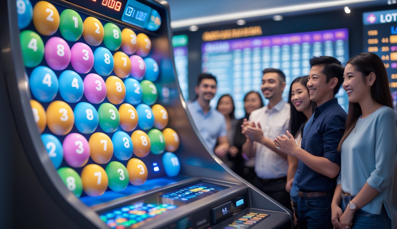 Orang-orang menonton mesin undian lotre dengan bola bernomor berwarna-warni di dalam ruangan yang terang.