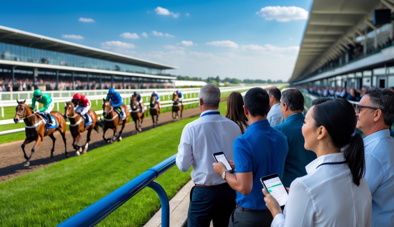 Suasana balapan kuda resmi dengan para penonton dan petaruh yang antusias di arena pacuan kuda.