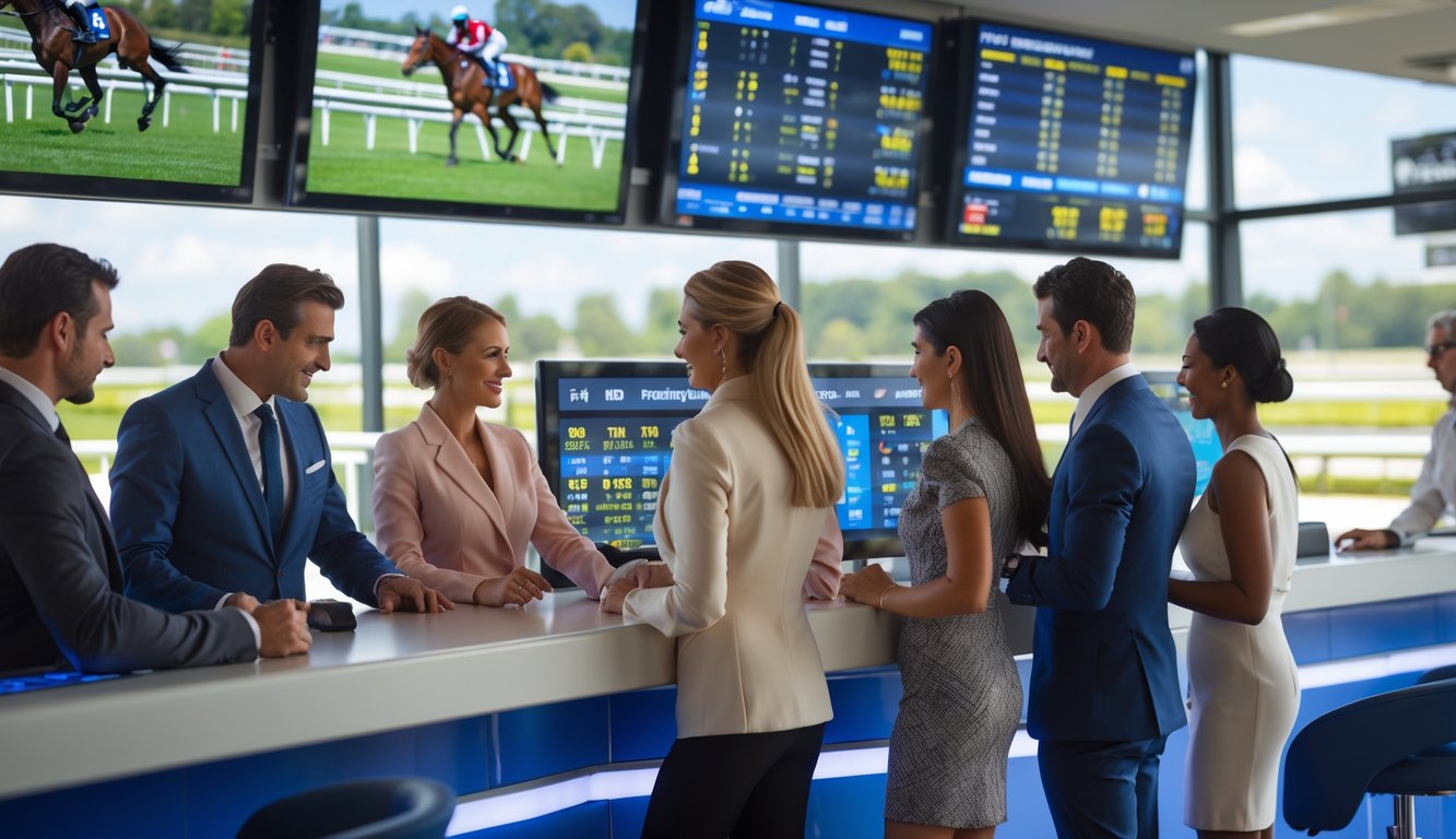 Suasana di dalam agen judi pacuan kuda dengan pelanggan yang sedang memasang taruhan dan layar digital menampilkan balapan kuda.