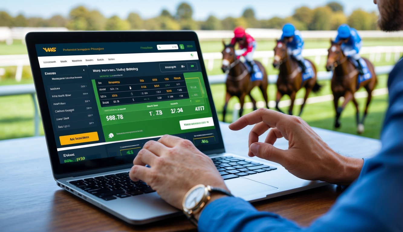 Seseorang menggunakan laptop dengan tampilan taruhan pacuan kuda online, latar belakang pacuan kuda dengan kuda dan joki yang sedang berlari.