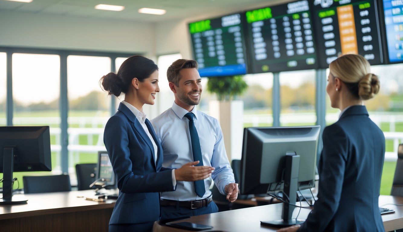 Seorang agen profesional membantu pelanggan di kantor resmi agen pacuan kuda dengan layar besar menampilkan balapan kuda di latar belakang.