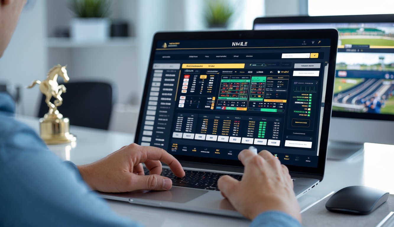 Seseorang menggunakan komputer dengan tampilan antarmuka taruhan pacuan kuda online resmi di layar, di lingkungan kantor yang rapi dan terang.