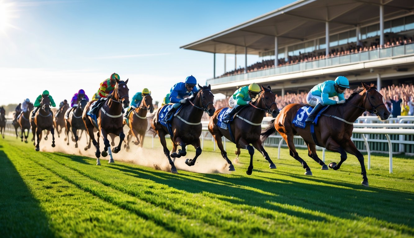 Balapan kuda sedang berlangsung di lintasan hijau dengan para joki mengenakan pakaian warna-warni dan penonton di tribun.