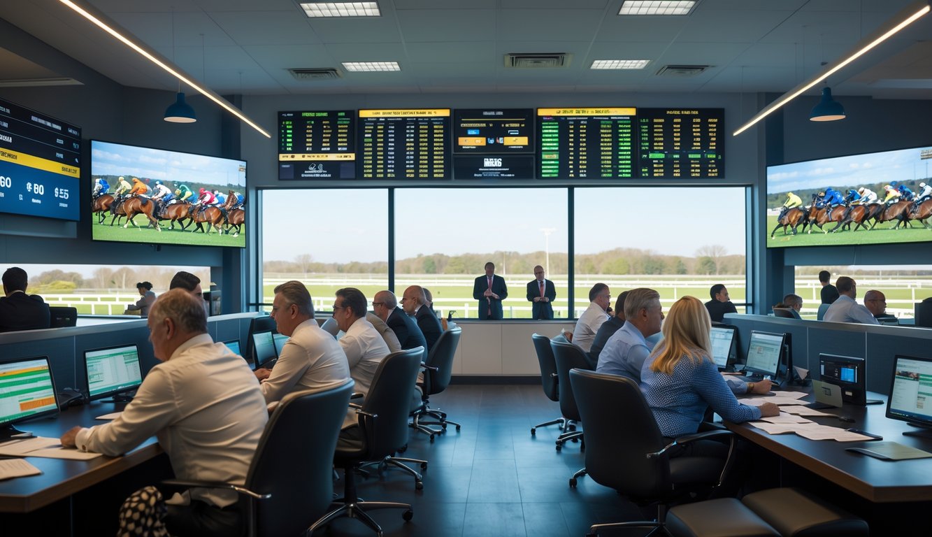 Orang-orang sedang menonton balapan kuda secara langsung dan memasang taruhan di sebuah agen judi pacuan kuda.