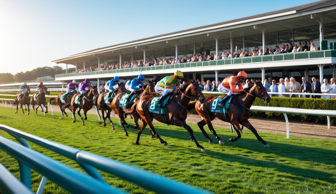Suasana balapan kuda resmi dengan joki menunggang kuda di lintasan dan penonton yang antusias di tribun.