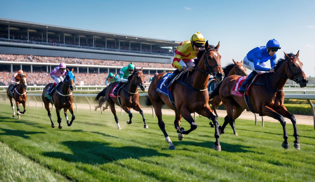 Beberapa kuda pacuan sedang berlari cepat dengan joki di atasnya di lintasan pacuan kuda yang ramai dengan penonton.
