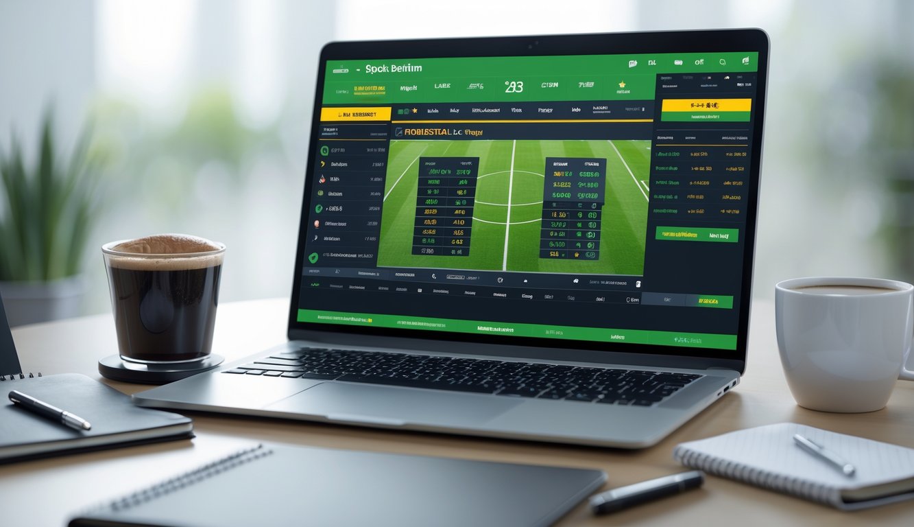 Seorang pengguna di depan laptop yang menampilkan situs judi bola dengan statistik pertandingan sepak bola secara real-time.