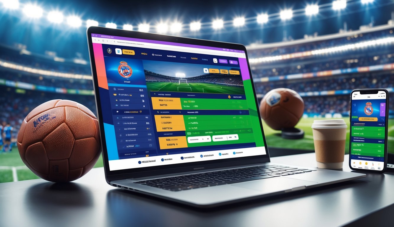 Seseorang menggunakan laptop untuk memasang taruhan bola online dengan latar belakang stadion sepak bola dan bola di meja.