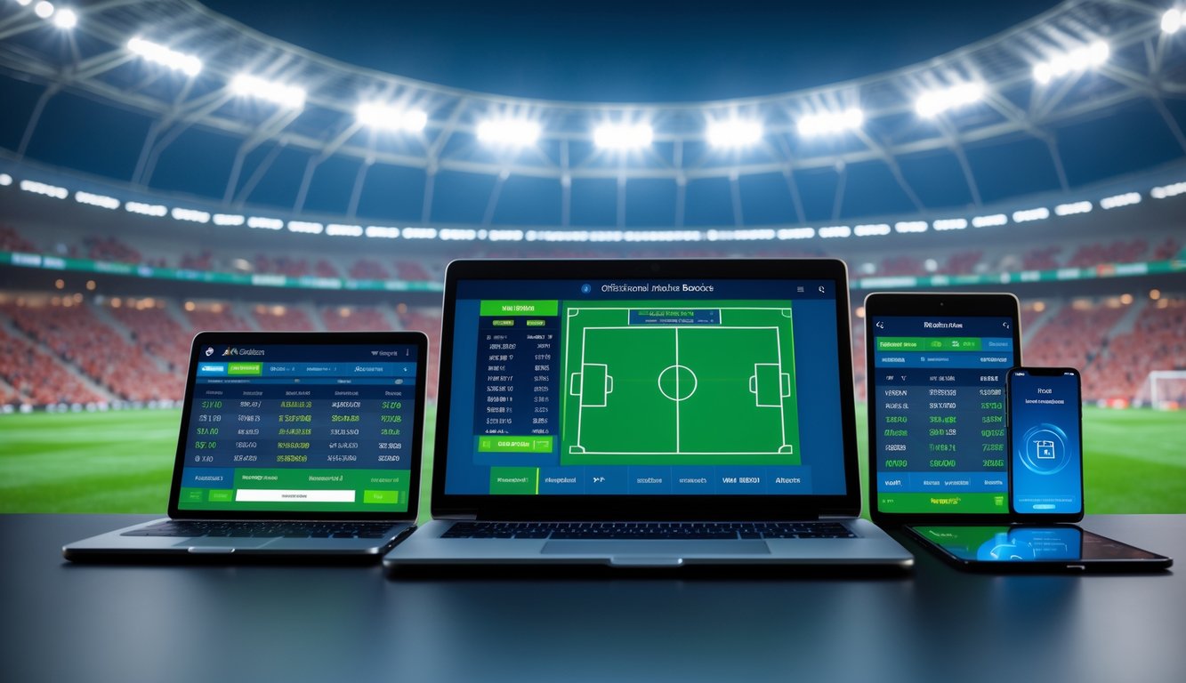 Seorang pria menggunakan laptop dan smartphone dengan latar belakang stadion sepak bola yang ramai dan terang.