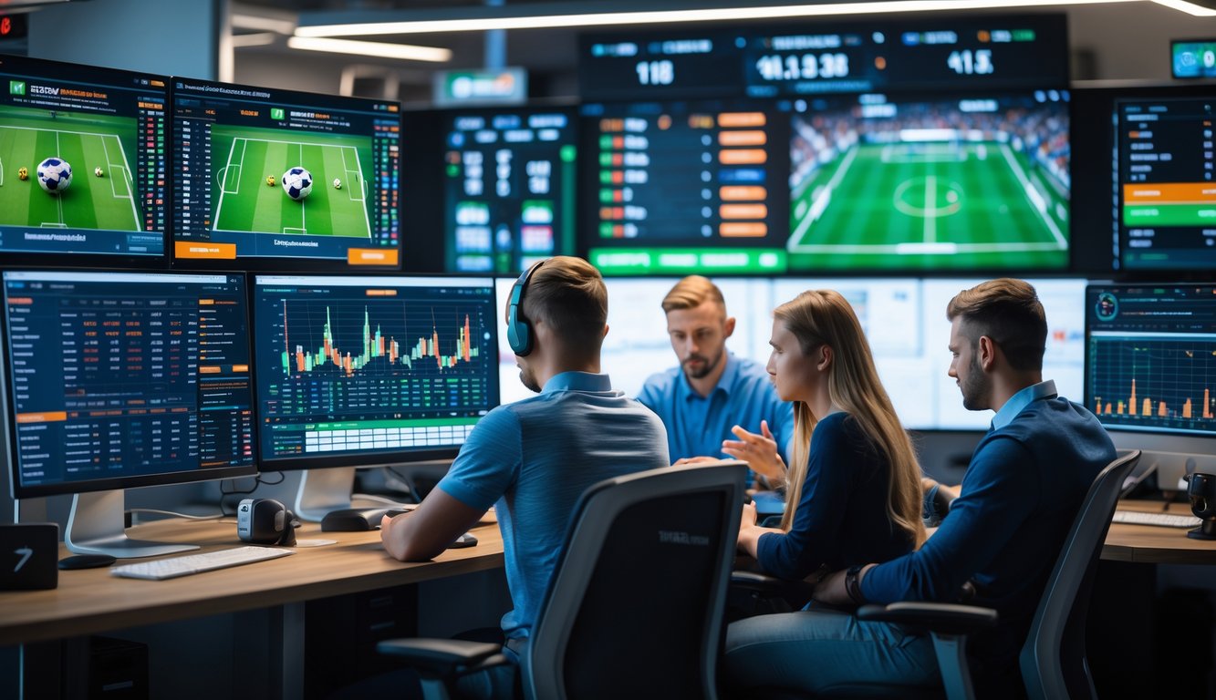 Beberapa orang sedang menganalisis pertandingan sepak bola secara serius di depan beberapa layar komputer dengan statistik dan video pertandingan.