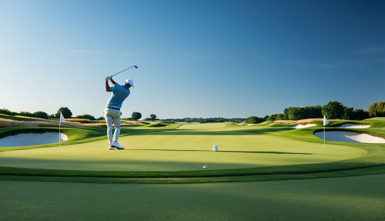 Seorang pegolf sedang mengayunkan tongkat golf di lapangan golf yang hijau dan terawat dengan langit biru cerah.