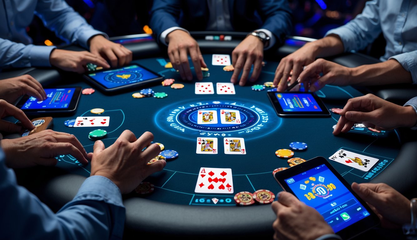 Meja poker dengan beberapa pemain yang menggunakan perangkat digital untuk bermain poker online dalam suasana kompetitif.