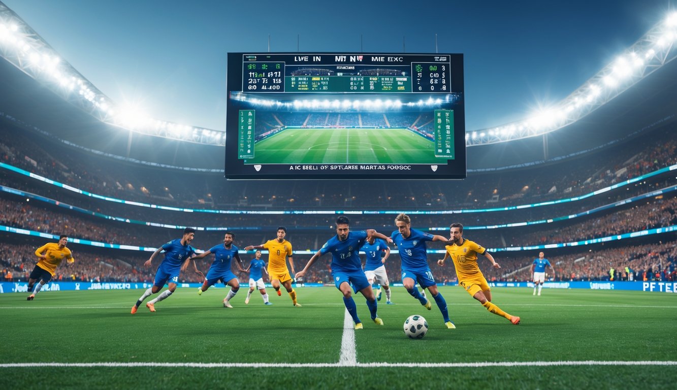 Pertandingan sepak bola sedang berlangsung di stadion penuh penonton dengan pemain yang sedang beraksi dan papan skor digital menampilkan hasil pertandingan secara langsung.