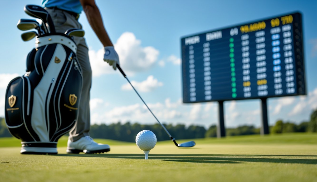 Seorang pemain golf memegang bola golf di lapangan hijau dengan papan skor digital di latar belakang.