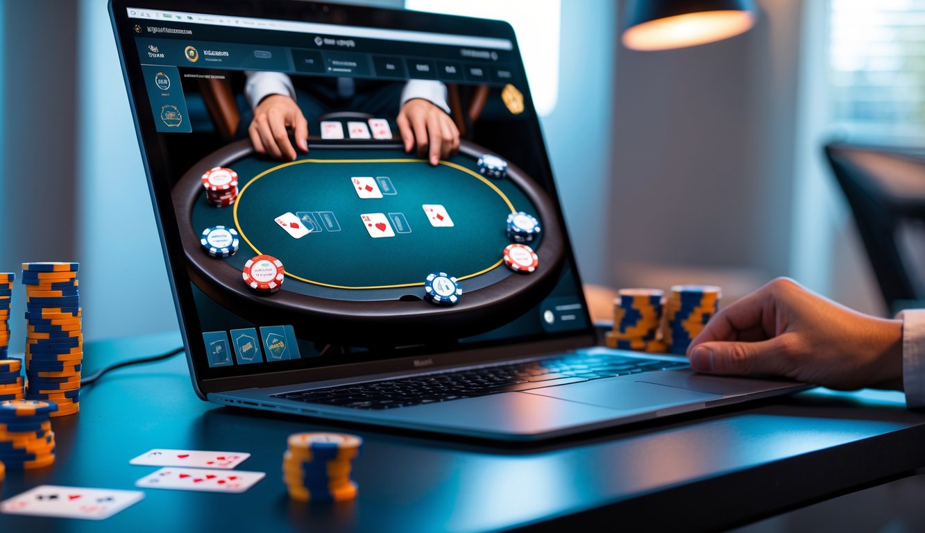 Tampilan meja poker digital profesional di layar komputer dengan kartu dan chip poker virtual.