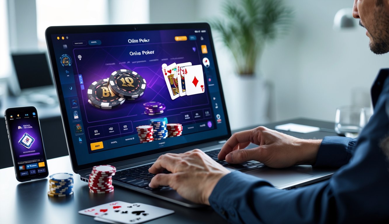 Seorang pemain poker online menggunakan laptop dengan kartu dan chip poker di meja di ruang bermain yang rapi.
