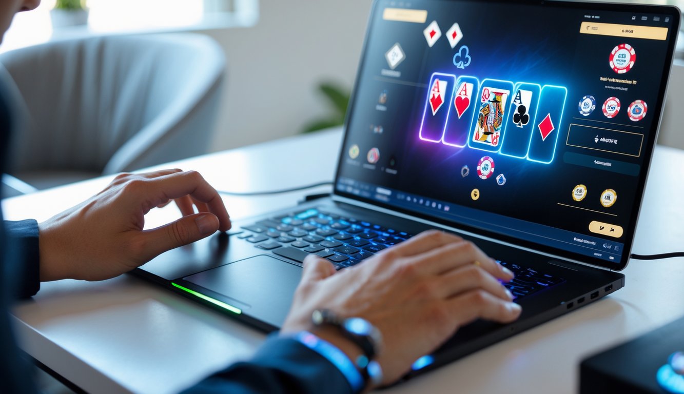 Seseorang sedang bermain poker online di komputer dengan tampilan permainan yang jelas dan lancar.
