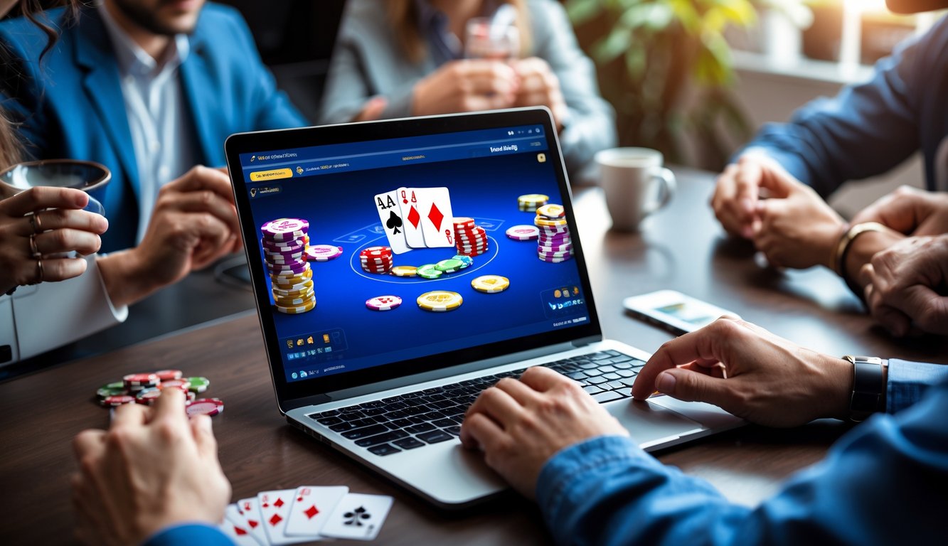 Tangan beberapa pemain sedang bermain poker online di depan layar laptop dengan kartu dan chip poker.
