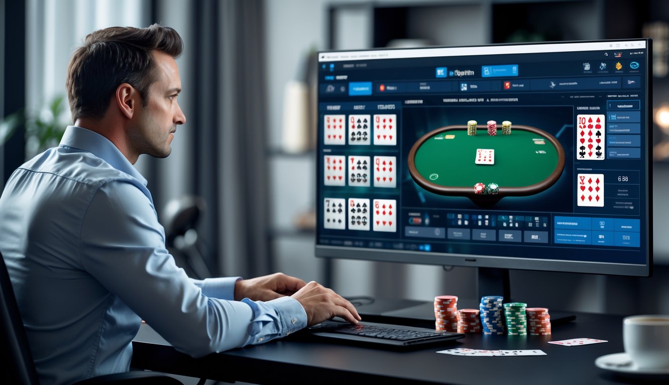Seorang pemain poker fokus melihat layar komputer yang menampilkan meja poker online dengan chip dan kartu di meja.