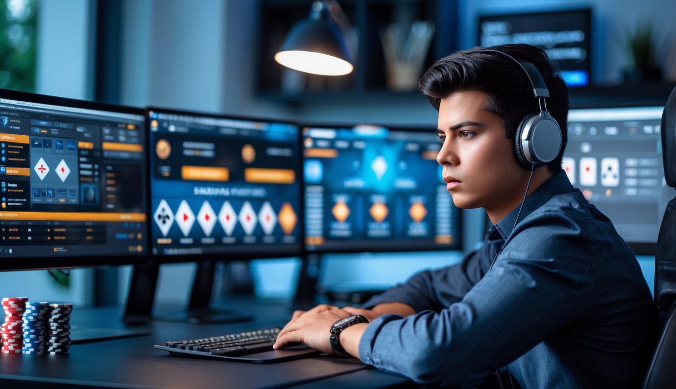 Seorang pemain poker online yang fokus duduk di depan komputer dengan beberapa layar menampilkan permainan poker dan statistik.