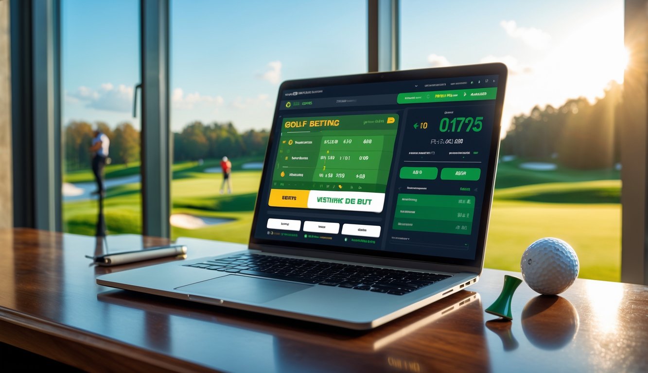 Seorang pria menggunakan laptop di meja dengan latar belakang lapangan golf hijau dan cerah.