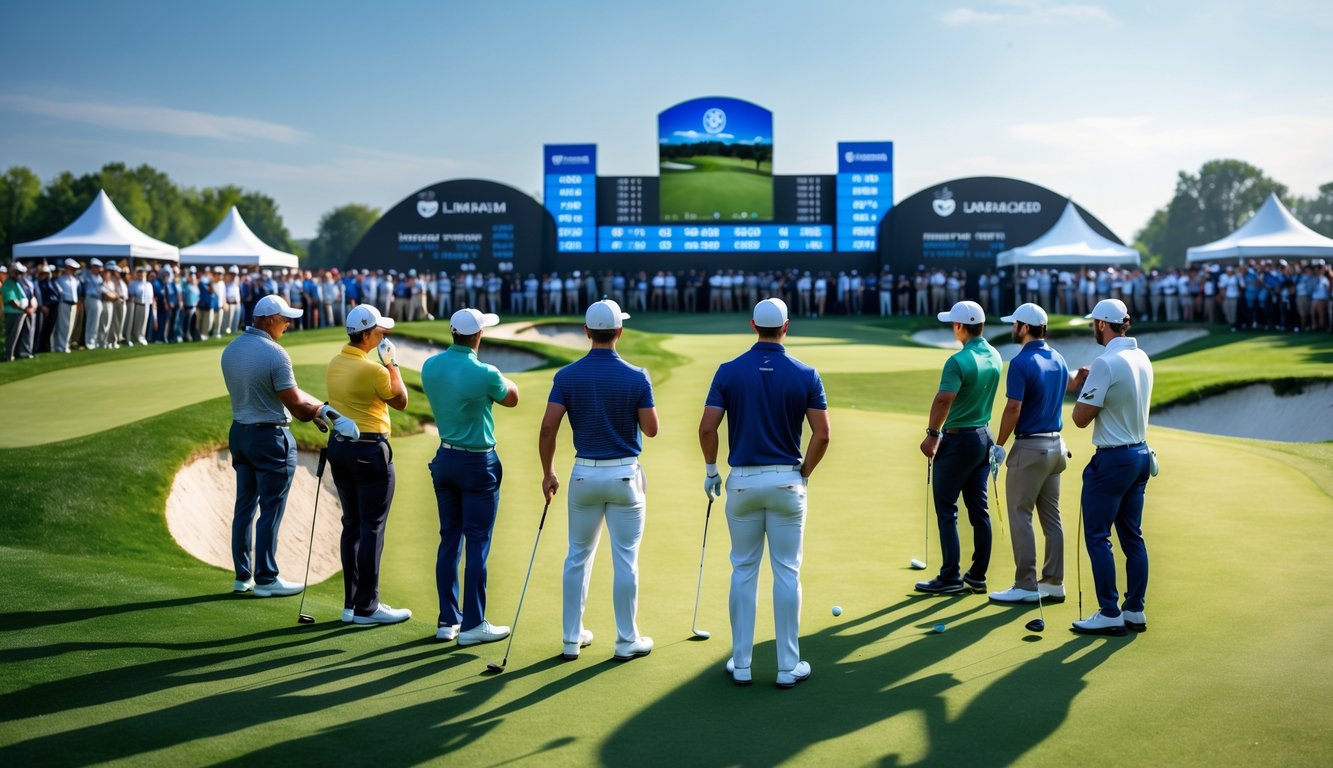 Lapangan golf dengan pemain golf profesional dan penonton sedang menyaksikan pertandingan resmi taruhan golf tahun 2025.