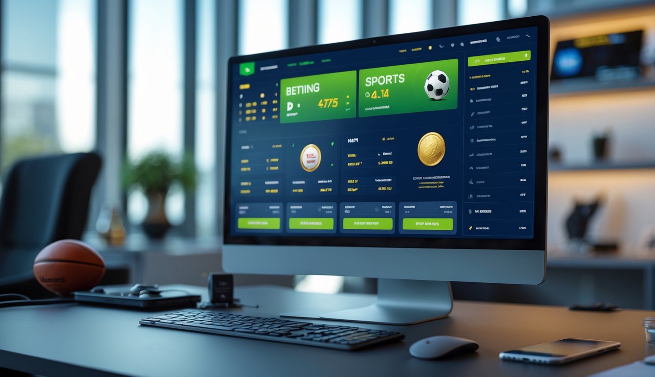 Layar komputer menampilkan platform taruhan olahraga online dengan grafik dinamis di meja kerja modern.