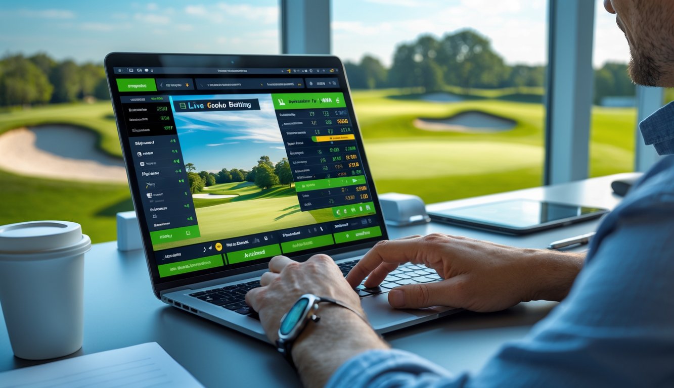 Seseorang menggunakan laptop untuk bertaruh secara langsung pada pertandingan golf dengan latar belakang lapangan golf hijau yang terlihat melalui jendela.