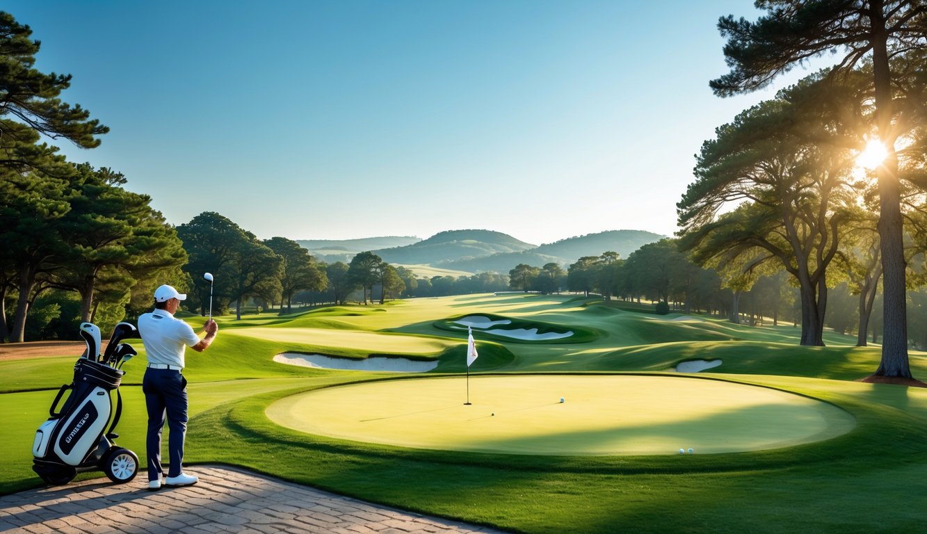 Seorang pegolf berpakaian rapi sedang bersiap memukul bola di lapangan golf yang hijau dan terawat dengan latar pepohonan dan langit cerah.