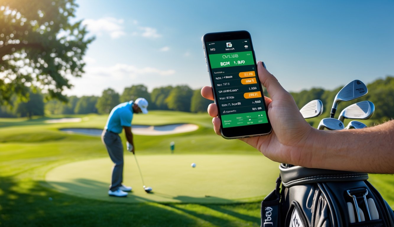 Seorang pria sedang memasang taruhan pada permainan golf di lapangan golf yang hijau dengan seorang pegolf sedang mengayunkan tongkat golf di latar belakang.