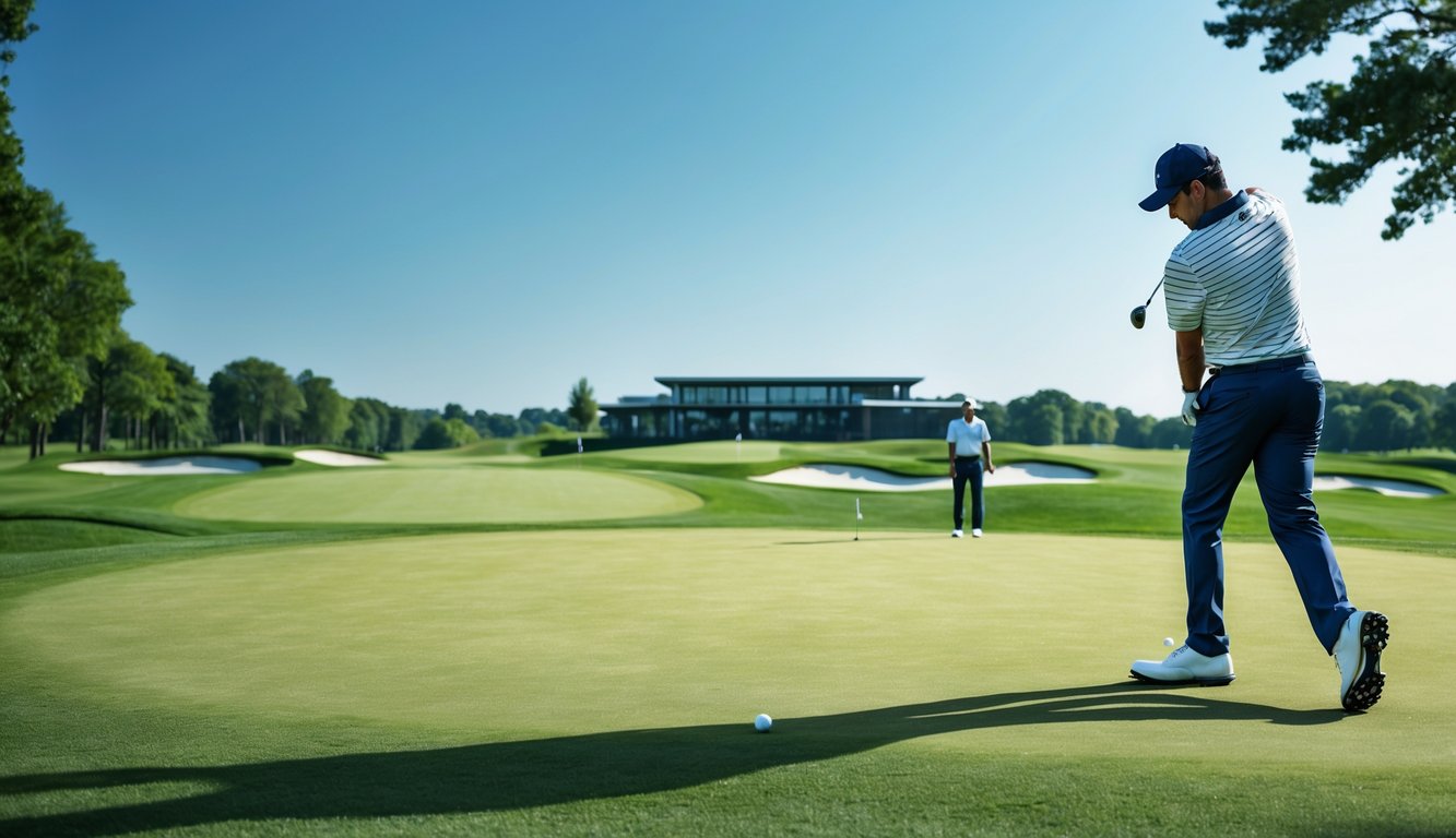 Seorang pegolf sedang mengayunkan tongkat golf di lapangan golf yang hijau dan terawat dengan sebuah clubhouse di kejauhan.
